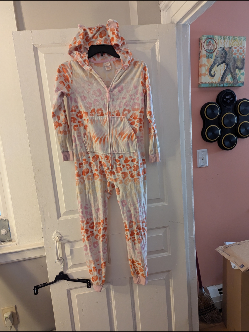 Cat & Jack Pink and Orange Leopard Hooded Kids One-Piece Pajamas